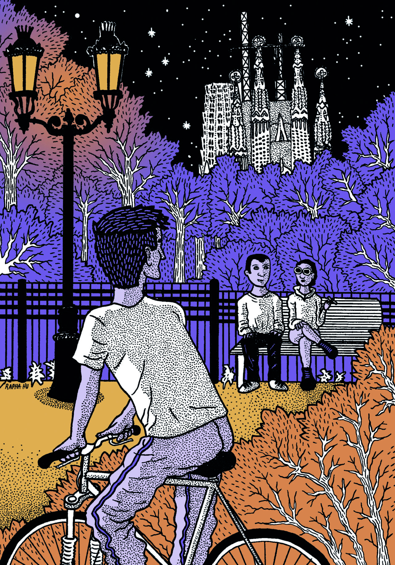 Coberta del llibre "Escenas catalanas: errancias antropológico-sexuales". Un home pujat a una bicicleta per la sagrada familia mirant a dues persones mentre parlen