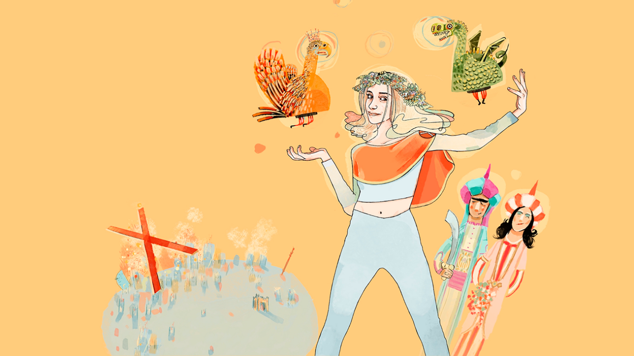 Ilustración en la que, en el centro, aparece Santa Eulalia de pie, vestida con indumentaria contemporánea: un conjunto claro y un top anaranjado. Mantiene los brazos abiertos; sobre su mano derecha flota un águila rojiza y sobre la izquierda, un dragón verde, animales simbólicos de Barcelona. El fondo, de un amarillo cálido, incluye diversos elementos simbólicos dispersos: a la izquierda, un planeta azul sobre el que destaca un ecúleo rojo, instrumento de tortura con forma de cruz; a la derecha, dos gigantes con ropajes de inspiración oriental. El personaje masculino viste un fez y sostiene una cimitarra, mientras que la figura femenina porta un ramo de flores.