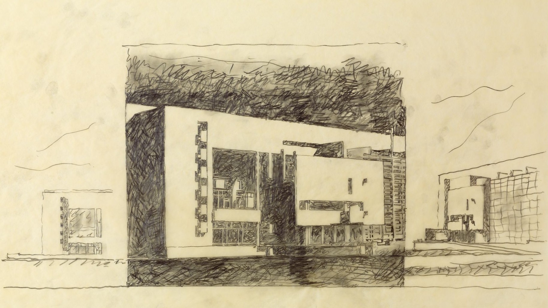 Esbós en grafit sobre paper de la façana del MACBA.