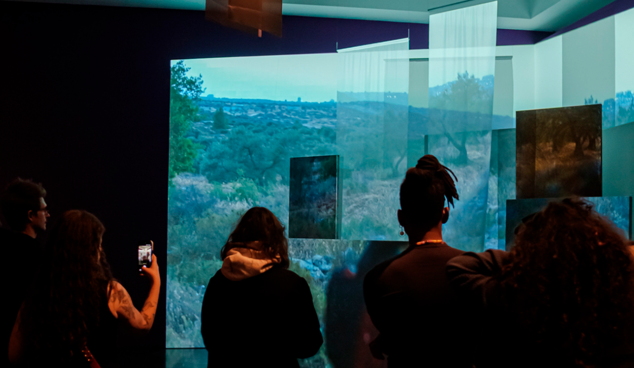Un grup de persones observa les projeccions de l'exposició Presoners de l'amor.