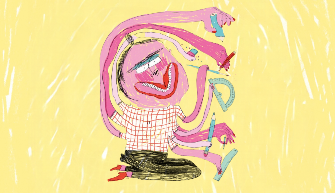 Il·lustració d’un personatge de color rosa amb diversos braços sostenint llapis, regles i eines de dibuix, sobre un fons groc.