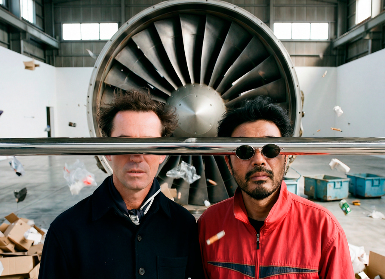 Artistes Lolo & Sosaku amb una barra de metall davant dels ulls i una hèlix d’avió al darrere.